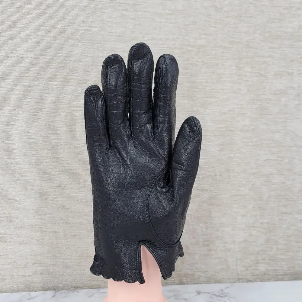 Vintage Italian Short Black Leather Gloves with Scalloped Cuff Dress Driving